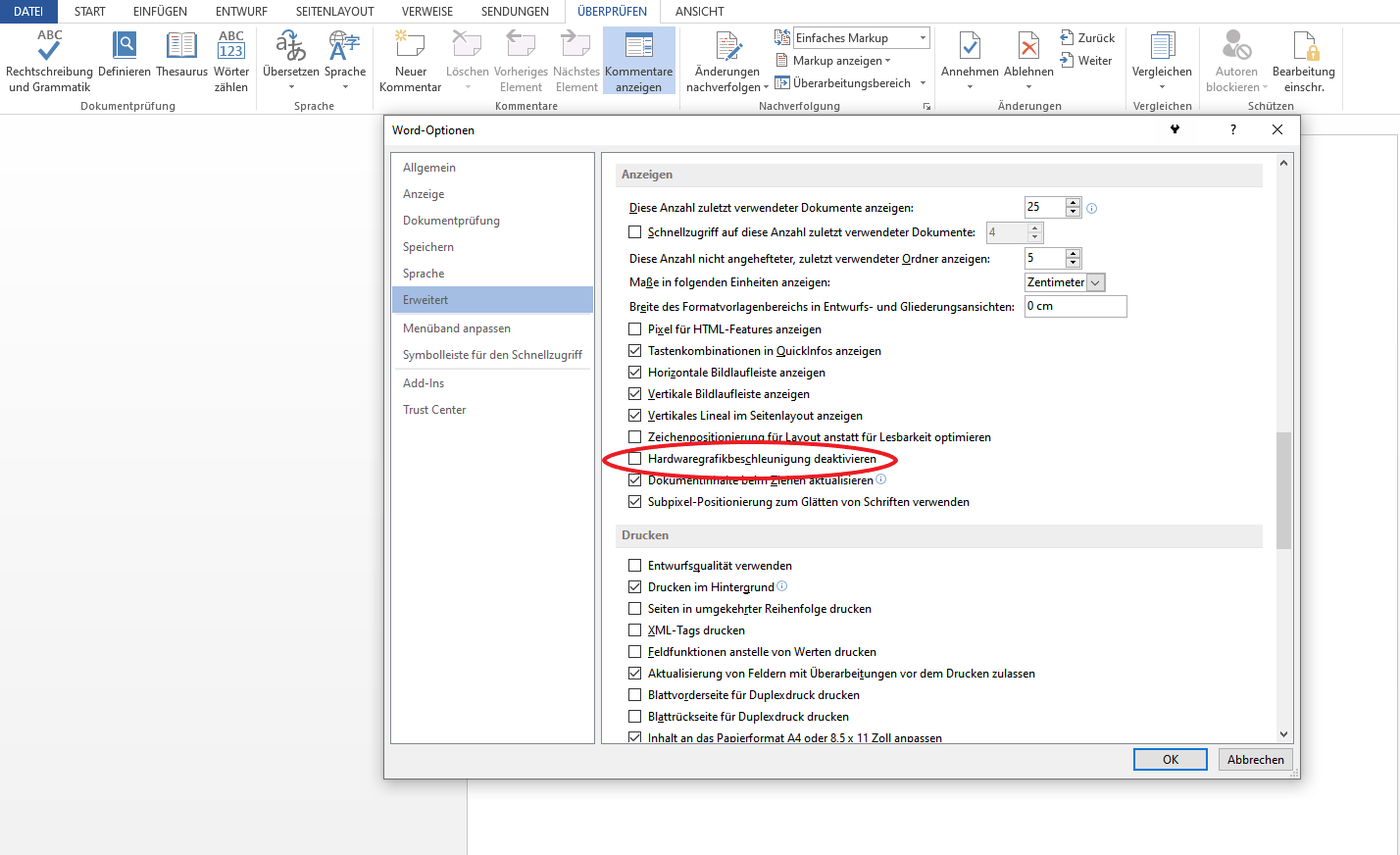 Die 4 nervigsten Word Probleme und ihre Lösungen. Bild zeigt einen Screenshot zur vom vierten Schritt zur Deaktivierung der Hardware-Beschleunigung.